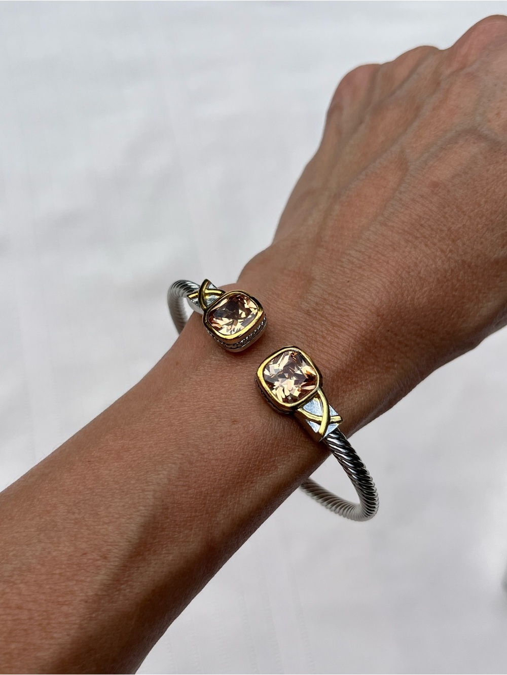 Gold Accent Silver Cable Cuff Bracelet with Champagne Stones - Women Jewelry - Picture 2 of 12
